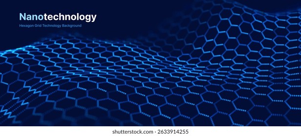Graphene Technology Science 3D Background. Nanotechnology Honeycomb Lattice Nanostructure. Abstract Science Particles. Blue Network Connection Concept. Futuristic Honeycomb Concept. Vector.