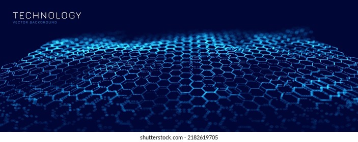 Graphene Technology Science Background. Nanotechnology Honeycomb Lattice Nanostructure. Abstract Science Particles. Blue Network Connection Concept. Futuristic Honeycomb Concept. Vector Illustration