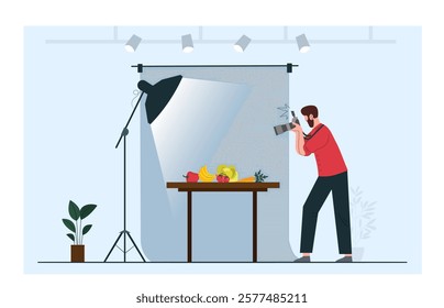 A grapher takes aof a fruit arrangement on a table under studio lighting, with a plant and backdrop. Minimalistic style. Food graphy concept. Vector illustration