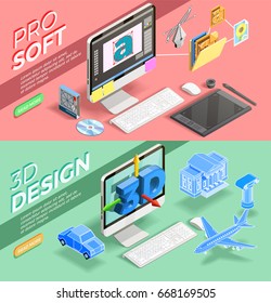 Graphic 3d Design And Various Tools For Work Of Designer Horizontal Isometric Banners Set Isolated Vector Illustration