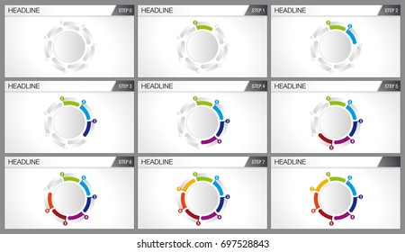 Graphic of 7 arrows of different colors forming a cycle. Each graph shows step by step how the cycle is completed. Elements for info graphics, use in presentation. Vector image 