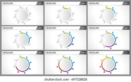 Graphic of 8 arrows of different colors forming a cycle. Each graph shows step by step how the cycle is completed. Elements for info graphics, use in presentation. Vector image 