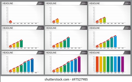 Graphic of 8 bars of different colors. Each graph shows step by step how the bars appear. Elements for info graphics, use in presentation. Vector 