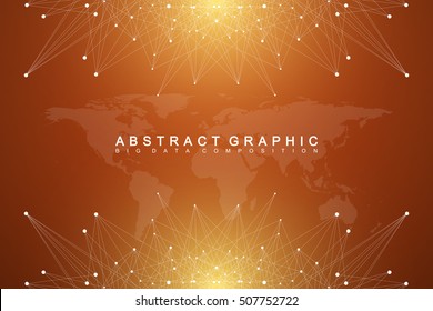 Graphic abstract background communication. Big data complex with compounds. Perspective backdrop with World Map. Minimal array Big data. Digital data visualization. Scientific vector illustration