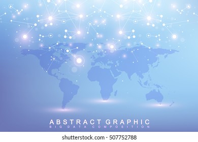 Graphic abstract background communication. Big data complex with compounds. Perspective backdrop with World Map. Minimal array Big data. Digital data visualization. Scientific vector illustration
