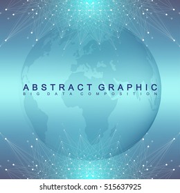 Graphic abstract background communication. Geometric scientific pattern with compounds. Minimal array liaanes and dots. Digital data visualization. Scientific vector illustration for your design