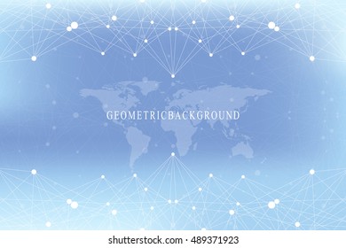 Graphic abstract background communication with world map. Big data visualization. Perspective backdrop with connected lines and dots. Social networking. Illusion of depth. Vector illustration