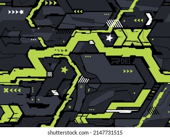 Graphic Abstract Background For Racing Car Or Motorcycle Wrap And Vinyl Sticker. Seamless Modern Futuric Green And Black Colour Pattern. Ornament For Fabric, T-shirt, Clothes, Weapon And Vehicles