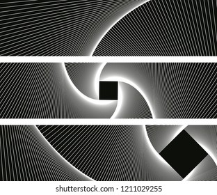 graphic abstract banners with linear vortex pattern in silver shades