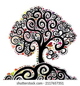 Árbol negro gráfico abstracto con corazones multicolores. Feliz Día de San Valentín. Ilustración del vector
