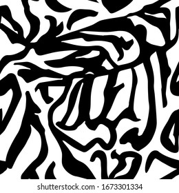 Graphic abstract black waves seamless pattern on the transparent background. Imitation of zebra skin, tyger skin. Vector illustration for interior design, style safari. 