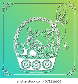 Graphic abstract decorative basket with eggs and rabbit (symbol of the Easter holiday). Suitable for invitation, flyer, sticker, poster, banner, card, label, cover, web. Vector illustration.