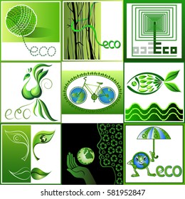 Graphic abstract decorative eco emblem of world and environmental protection-set. Suitable for invitation, flyer, sticker, poster, banner, card,label, cover, web. Vector illustration.

