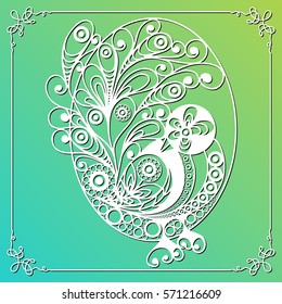 Graphic abstract decorative egg with bird and branches(symbol of the Easter holiday). Suitable for invitation, flyer, sticker, poster, banner, card,label, cover, web. Vector illustration.