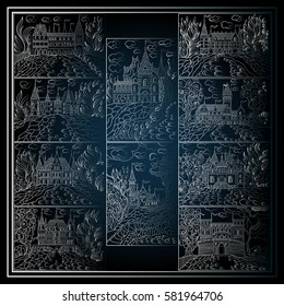 Graphic abstract decorative fantasy landscape (fairy tale castle, old medieval town, park trees). Suitable for invitation, flyer, sticker, poster, banner, card,label, cover, web. Vector illustration.
