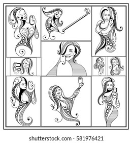 Graphic abstract decorative girl (woman) taking selfie photo with mobile phone-set. For invitation, flyer, sticker, poster, banner, card,label, cover, web. Coloring book page. Vector illustration.