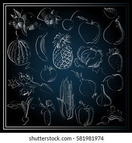 Graphic abstract decorative illustrations of fruits, berries and vegetables. Suitable for invitation, flyer, sticker, poster, banner, card,label, cover, web. Vector illustration.