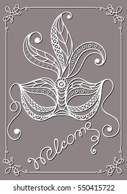 Graphic abstract decorative mask (symbol of the carnival in Venice). Suitable for invitation, flyer, sticker, poster, banner, card,label, cover, web. Vector illustration.