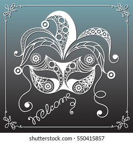 Graphic abstract decorative mask (symbol of the carnival in Venice). Suitable for invitation, flyer, sticker, poster, banner, card,label, cover, web. Vector illustration.