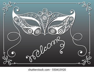 Graphic abstract decorative mask (symbol of the carnival in Venice). Suitable for invitation, flyer, sticker, poster, banner, card,label, cover, web. Vector illustration.