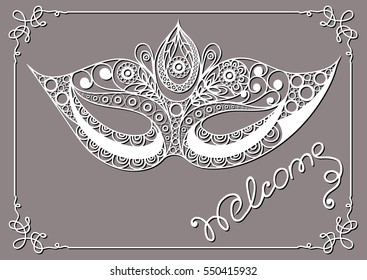 Graphic abstract decorative mask (symbol of the carnival in Venice). Suitable for invitation, flyer, sticker, poster, banner, card,label, cover, web. Vector illustration.