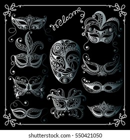 Graphic abstract decorative mask (symbol of the carnival in Venice)-set. Suitable for invitation, flyer, sticker, poster, banner, card,label, cover, web. Vector illustration.