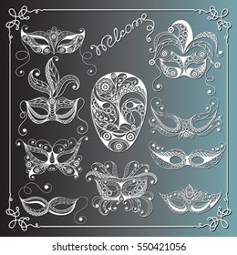 Graphic abstract decorative mask (symbol of the carnival in Venice)-set. Suitable for invitation, flyer, sticker, poster, banner, card,label, cover, web. Vector illustration.