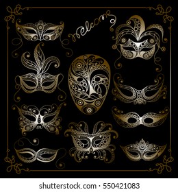 Graphic abstract decorative mask (symbol of the carnival in Venice)-set. Suitable for invitation, flyer, sticker, poster, banner, card,label, cover, web. Vector illustration.