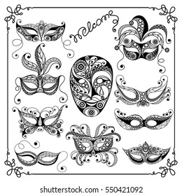 Graphic abstract decorative mask (symbol of the carnival in Venice)-set. Suitable for invitation, flyer, sticker, poster, banner, card,label, cover, web. Coloring book page. Vector illustration.