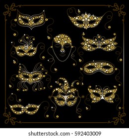 Graphic abstract decorative masks (symbol of the carnival in Venice)-set. Suitable for invitation, flyer, sticker, poster, banner, card, label, cover, web. Vector illustration.