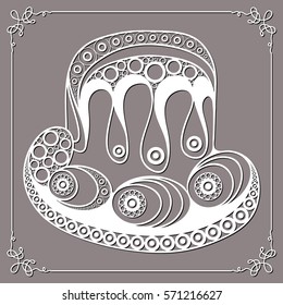 Graphic abstract decorative plate with eggs and Easter cake (symbol of the Easter holiday). Suitable for invitation, flyer, sticker, poster, banner, card, label, cover, web. Vector illustration.