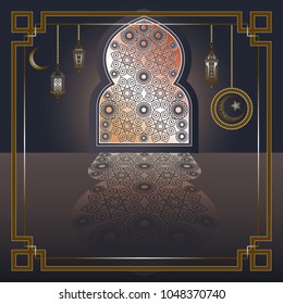 Graphic abstract decorative Ramadan symbols. Suitable for invitation, flyer, sticker, poster, banner, card, label, cover, web. Vector illustration.