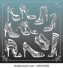 Graphic abstract decorative shoes (footwear)-set(kit). Suitable for invitation, flyer, sticker, poster, banner, card,label, cover, web. Vector illustration.