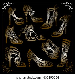 Graphic abstract decorative shoes (footwear)-set(kit). Suitable for invitation, flyer, sticker, poster, banner, card,label, cover, web. Vector illustration.