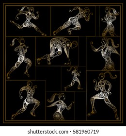 Graphic abstract decorative sport runner (athlete)-set. Suitable for invitation, flyer, sticker, poster, banner, card,label, cover, web. Vector illustration.