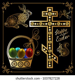 Graphic abstract decorative symbols of Easter holiday-set. Suitable for invitation, flyer, sticker, poster, banner, card, label, cover, web. Vector illustration.