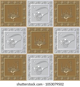 Graphic abstract decorative tile with Ramadan patterns. Suitable for textile, wallpaper, wrapping, packaging. Vector illustration.
