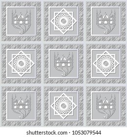 Graphic abstract decorative tile with Ramadan patterns. Suitable for textile, wallpaper, wrapping, packaging. Vector illustration.
