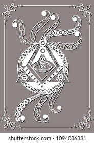 Graphic abstract design with occult symbol. Masonic (freemasonic) drawing. Suitable for invitation, flyer, sticker, poster, banner, card, label, cover, web. Vector illustration.