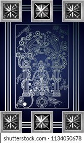 Graphic abstract design with occult tarot card. Major Arcana - The High Priestess (The Popess). Suitable for invitation, flyer, sticker, poster, banner, card, label, cover, web. Vector illustration.