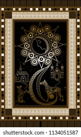 Graphic abstract design with occult tarot card. Major Arcana - The Moon. Suitable for invitation, flyer, sticker, poster, banner, card, label, cover, web. Vector illustration.
