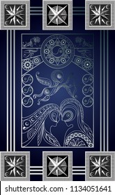 Graphic abstract design with occult tarot card. Major Arcana - The Lovers. Suitable for invitation, flyer, sticker, poster, banner, card, label, cover, web. Vector illustration.