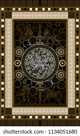 Graphic abstract design with occult tarot card. Major Arcana - Wheel of Fortune. Suitable for invitation, flyer, sticker, poster, banner, card, label, cover, web. Vector illustration.