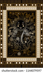 Graphic abstract design with occult tarot card. Major Arcana - The Sun. Suitable for invitation, flyer, sticker, poster, banner, card, label, cover, web. Vector illustration.