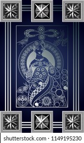 Graphic abstract design with occult tarot card. Minor Arcana - The Queen of Pentacles . Suitable for invitation, flyer, sticker, poster, banner, card, label, cover, web. Vector illustration.