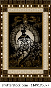 Graphic abstract design with occult tarot card. Minor Arcana - The Queen of Pentacles . Suitable for invitation, flyer, sticker, poster, banner, card, label, cover, web. Vector illustration.