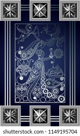 Graphic abstract design with occult tarot card. Minor Arcana - The Queen of Cups . Suitable for invitation, flyer, sticker, poster, banner, card, label, cover, web. Vector illustration.
