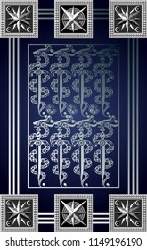 Graphic abstract design with occult tarot card. Minor Arcana - The Eight of Swords . Suitable for invitation, flyer, sticker, poster, banner, card, label, cover, web. Vector illustration.