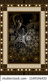 Graphic abstract design with occult tarot card. Minor Arcana - The Eight of Pentacles . Suitable for invitation, flyer, sticker, poster, banner, card, label, cover, web. Vector illustration.