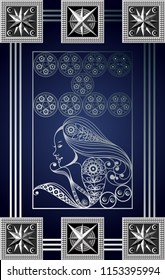 Graphic abstract design with occult tarot card. Minor Arcana - Nine of Pentacles . Suitable for invitation, flyer, sticker, poster, banner, card, label, cover, web. Vector illustration.